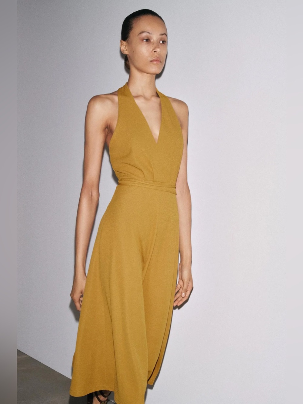 NWT Zara Halter Belt Dress Yellow A-line Drape Sleeveless Midi Women’s Size L